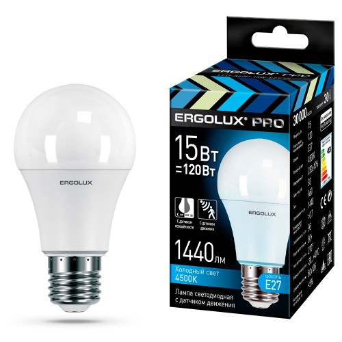 Ergolux LED-A60P-15W-E27-4K PRO (Эл.лампа светодиодная ЛОН 15Вт Е27 4500К 220-240В с датчиками) Н