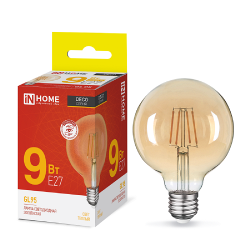 Лампа светодиодная шар филамент 9Вт, GL-95, E27, 3000K, Золотистый, 230В deco gold In Home Фото №1