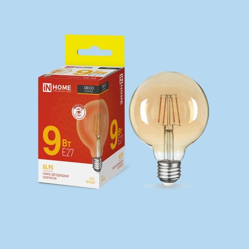 Лампа светодиодная шар филамент 9Вт, GL-95, E27, 3000K, Золотистый, 230В deco gold In Home