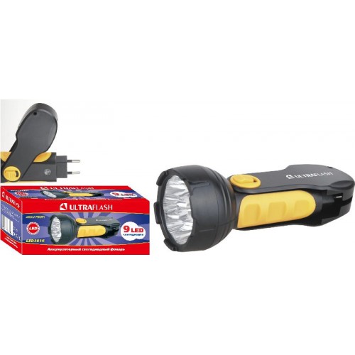 Фонарь светодиодный аккумуляторный Чёрный + Жёлтый, 9 LED, 220В, SLA, складная вилка Пластик, коробка LED3816 ULTRAFLASH