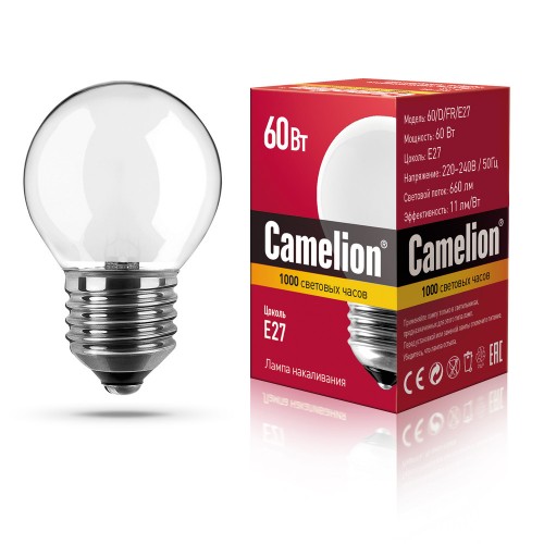 Лампа накаливания каплевидная матовая, 60Вт, E27, P45 Camelion