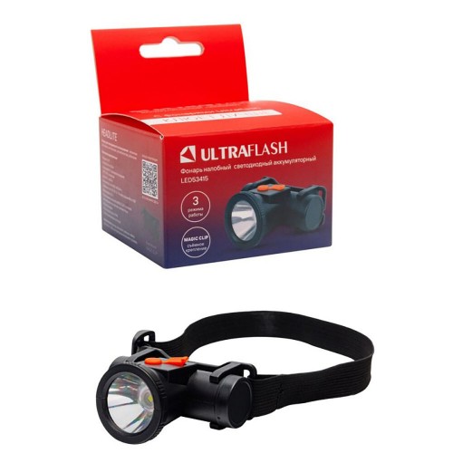Ultraflash LED53415 (фонарь налоб.аккум 3,7В,,черный, LED XPE, 1 Ватт, 3 реж., Micro-USB, бокс)