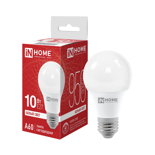 Лампа светодиодная груша 10Вт, A60, E27, 4000K, 230В IN HOME