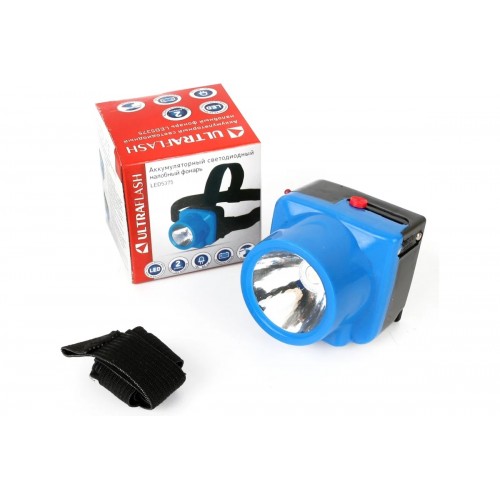 Фонарь светодиодный аккумуляторный налобный Голубой, 1Вт LED, 220В, 2 режима, Пластик, коробка LED5375 ULTRAFLASH