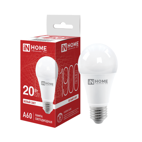 Лампа светодиодная груша 20Вт, A60, E27, 4000K, 220В IN HOME