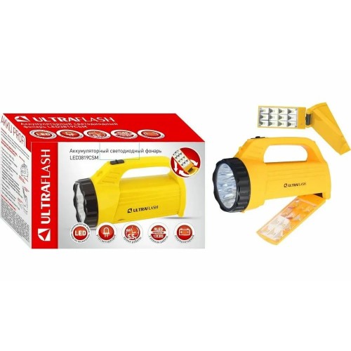 Фонарь светодиодный аккумуляторный Жёлтый, 9 LED + 12 SMD LED, 220В, 2 реж, SLA, Пластик, коробка LED3819CSM ULTRAFLASH