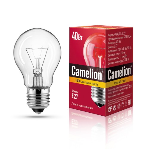 Лампа накаливания груша прозрачная 40Вт, E27, A55 Camelion