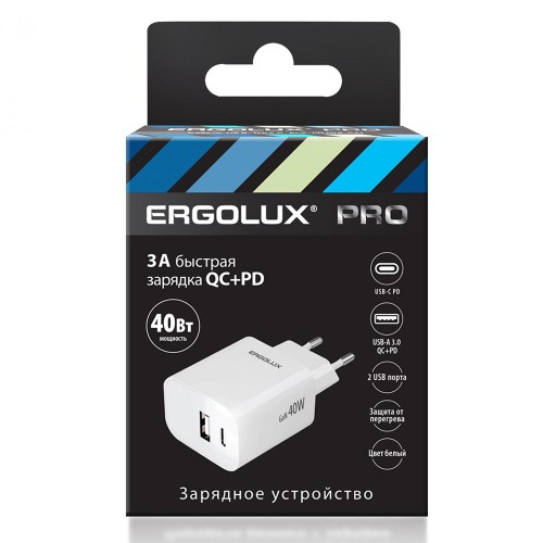 Сетевой адаптер GaN 40 Вт,1USB+1Type C, 100-270В, 5V-12V/3,3А, QC, Белый  ELX-РA04QC-C01 ERGOLUX