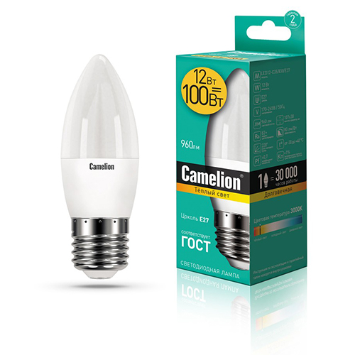 Лампа светодиодная свеча 12Вт, C35, E27, 3000K, 220В Camelion