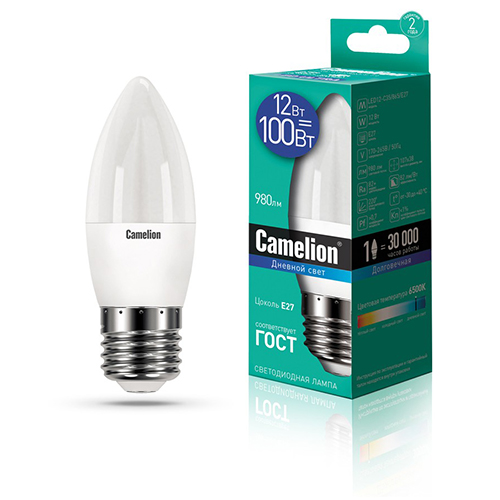 Лампа светодиодная свеча 12Вт, C35, E27, 6500K, 220В Camelion
