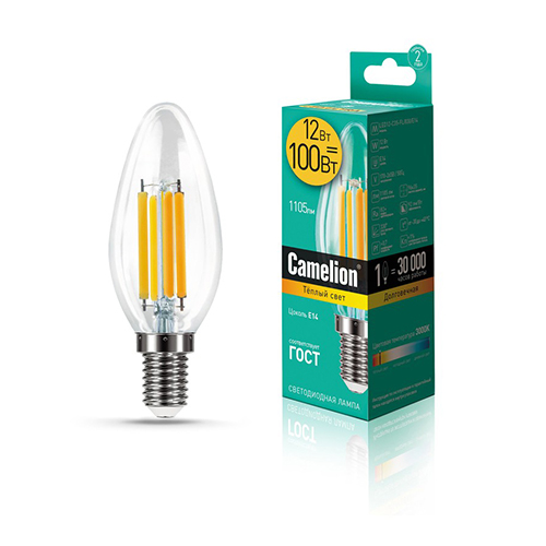 Лампа светодиодная свеча филамент 12Вт, C35-FL, E14, 3000K, 220В Filament Camelion