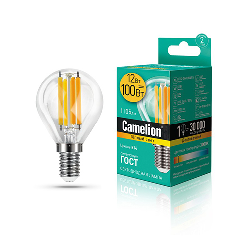 Лампа светодиодная шар филамент 12Вт, G45-FL, E14, 3000K, 220В Filament Camelion