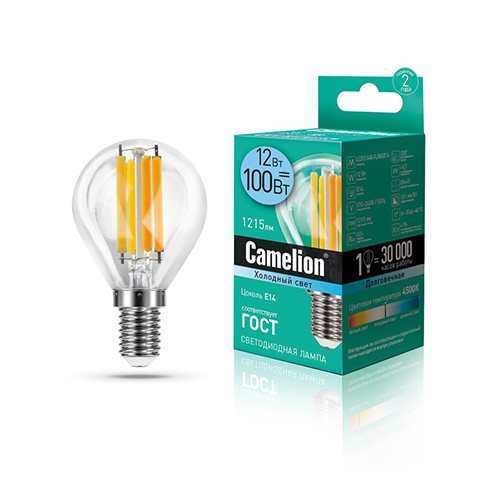 Лампа светодиодная шар филамент 12Вт, G45-FL, E14, 4500K, 220В Filament Camelion Фото №1