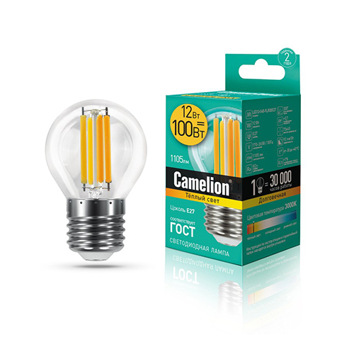 Лампа светодиодная шар филамент 12Вт, G45-FL, E27, 3000K, 220В Filament Camelion