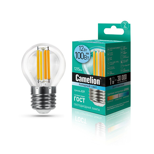 Лампа светодиодная шар филамент 12Вт, G45-FL, E27, 4500K, 220В Filament Camelion Фото №1