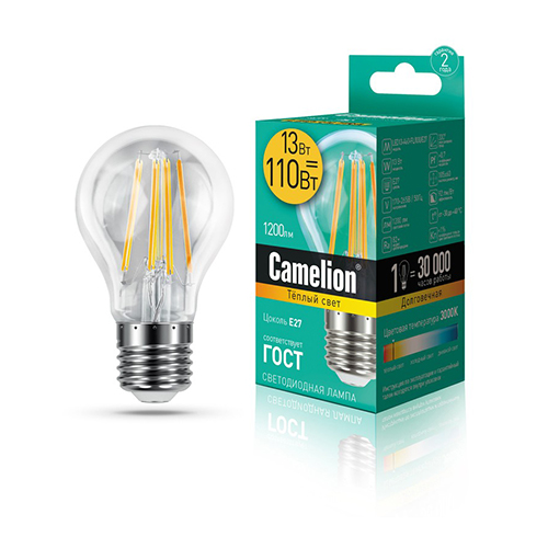 Лампа светодиодная груша филамент 13Вт, A60-FL, E27, 3000K, 220В Filament Camelion Фото №1