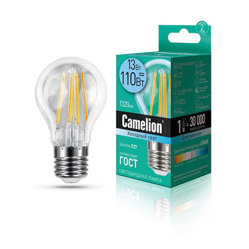 Лампа светодиодная груша филамент 13Вт, A60-FL, E27, 4500K, 220В Filament Camelion Фото №1