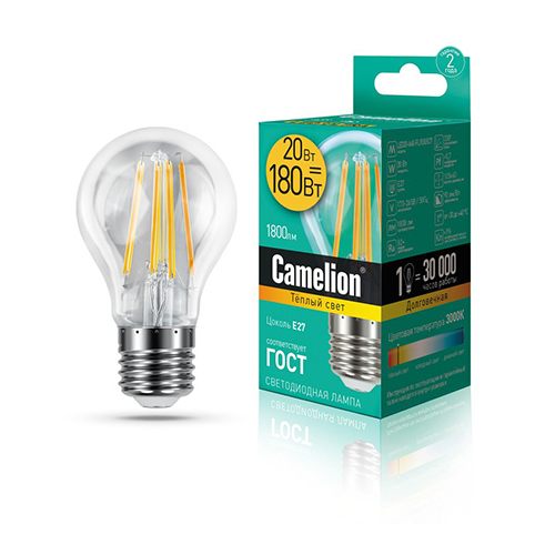 Лампа светодиодная груша филамент 20Вт, A60-FL, E27, 3000K, 220В Filament Camelion