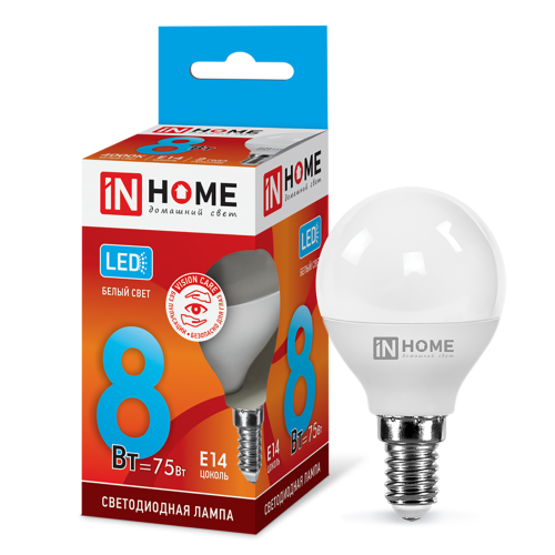 Лампа светодиодная шар 8Вт, G45, E14, 4000K, 220В In Home Фото №1
