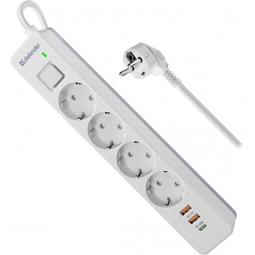 Удлинитель с сетевым фильтром DFS 141 1.5 м,белый,4розетки,USB+TypeC DEFENDER Фото №1