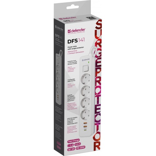 Удлинитель с сетевым фильтром DFS 141 1.5 м, белый, 4 гнезда, USB+TypeC DEFENDER Фото №7