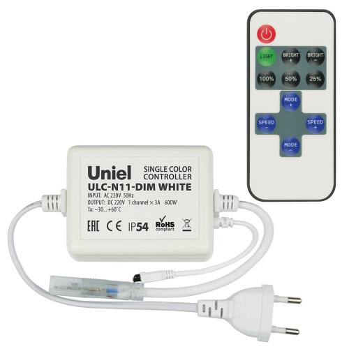 Контроллер для управления светодиодными одноцветными лентами с пультом ДУ ИК, 600Вт, 220В ULC-N11 DIM Uniel Фото №1