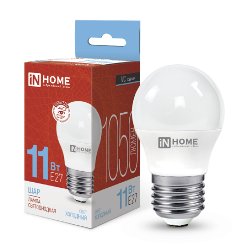 Лампа светодиодная шар 11Вт, G45, E27, 6500K, 230В VC IN HOME