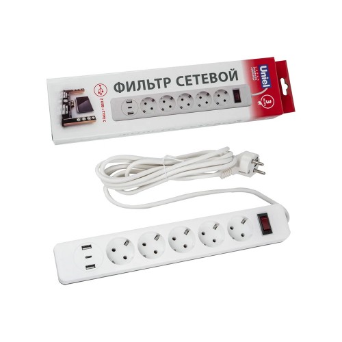 Фильтр сетевой 5 гнезда с заземлением, длина 3 метра, 10А, 2500Вт, 2xUSB+1TYPE C, S-GSR5-3 U2C1 WHITE/GREY Uniel