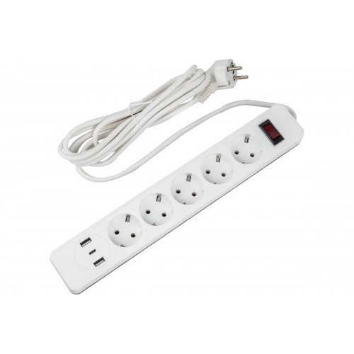Фильтр сетевой 5 гнезда с заземлением, длина 3 метра, 10А, 2500Вт, 2xUSB+1TYPE C, S-GSR5-3 U2C1 WHITE/GREY Uniel