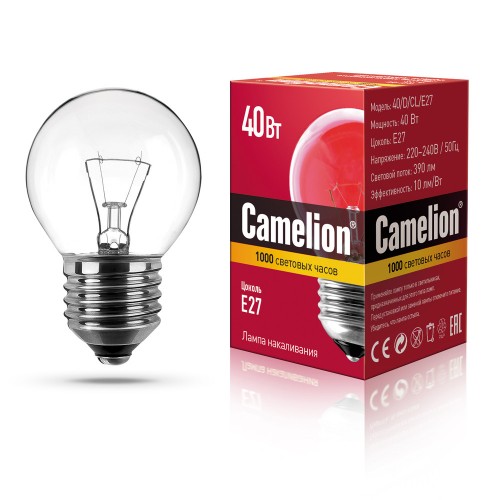 Лампа накаливания каплевидная прозрачная, 40Вт, E27, P45 Camelion