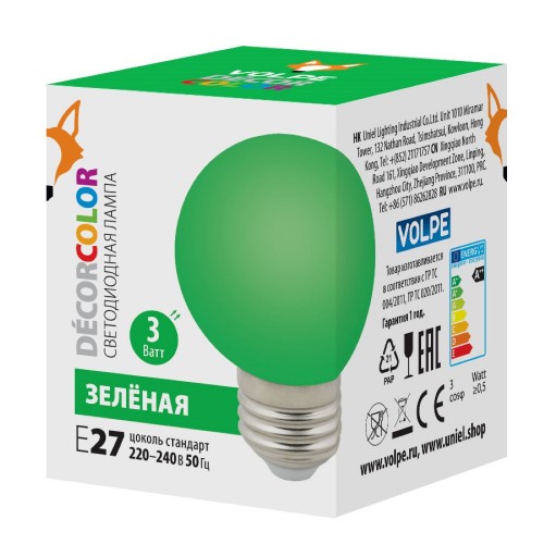 Лампа декоративная светодиодная форма шар 3Вт, G60, E27, Зеленый, 220В Volpe Фото №2
