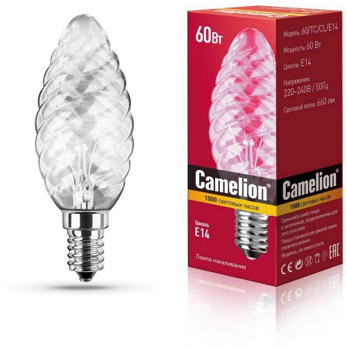 Лампа накаливания свеча прозрачная, 60Вт, E14, 220В, CW35 Camelion