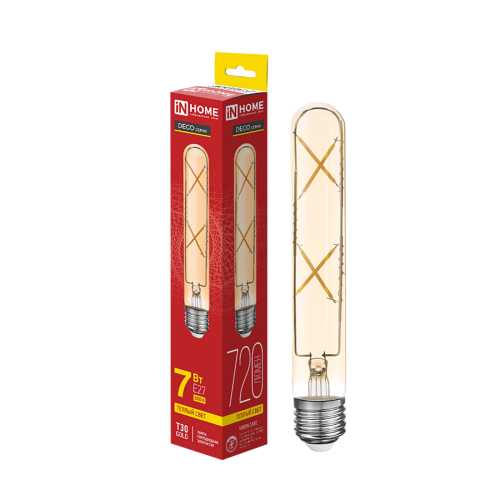 Лампа светодиодная LED-T30-deco gold 7Вт 230В Е27 3000К 720Лм 185мм золотистая IN HOMЕ
