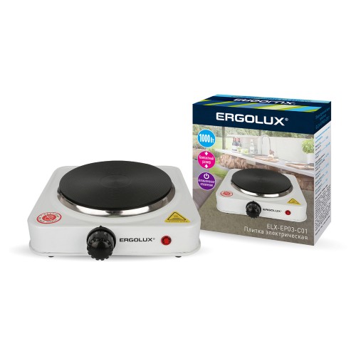 Электроплитка 1000Вт, 220-240В, одноконфорочная, дисковый нагрев, Белая ELX-EP03-C01 ERGOLUX