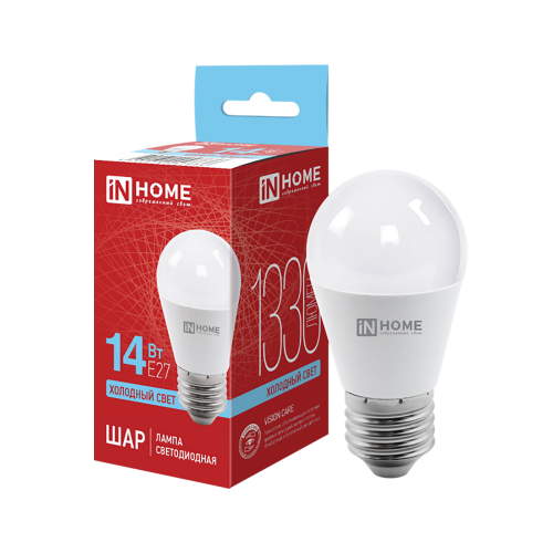Лампа светодиодная шар 14Вт, G45, E27, 6500K, 220В IN HOME