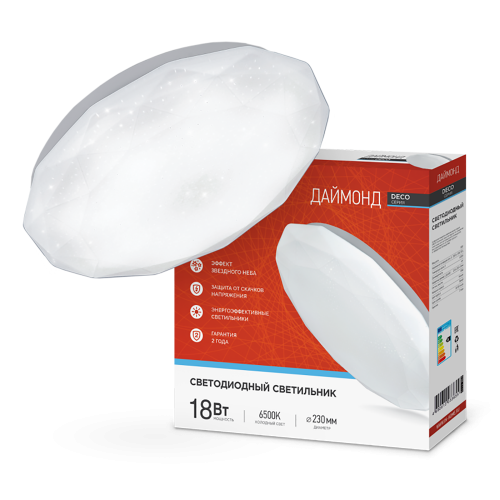 Светильник настенно-потолочный светодиодный 18Вт, 6500К, 260х55мм, IP20, ДАЙМОНД IN HOME