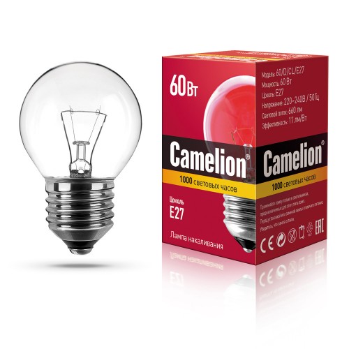 Лампа накаливания каплевидная прозрачная, 60Вт, E27, P45 Camelion